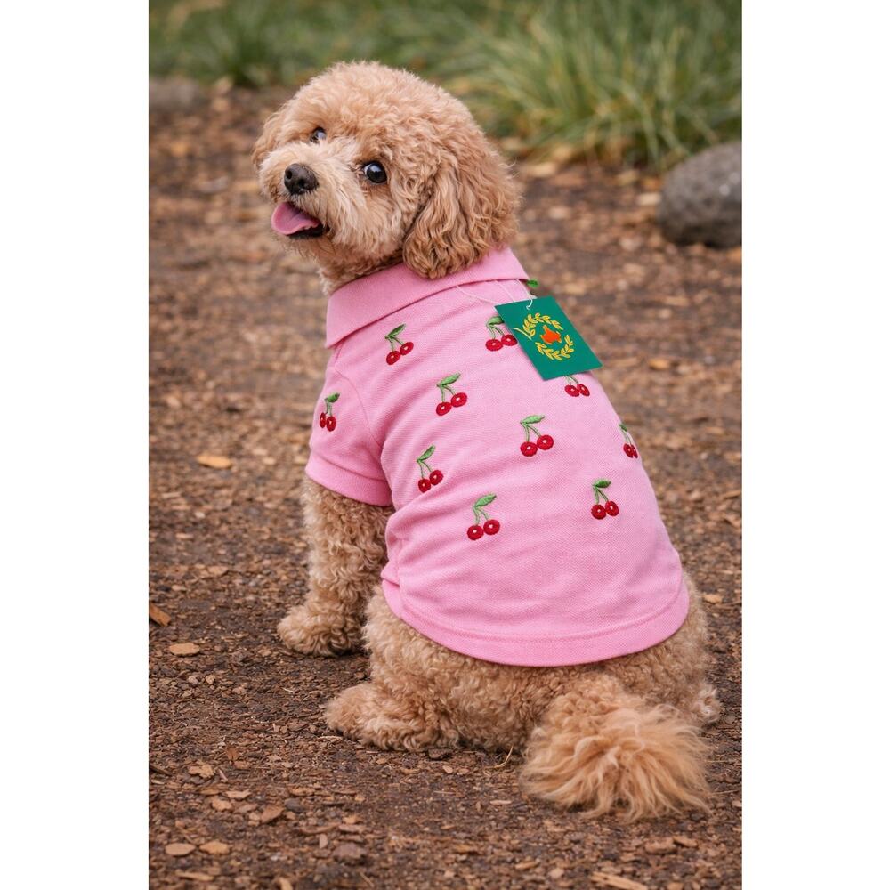 Canine Styles Pink Cherry Embroidered Dog Polo Shirt Size 14 Inch New Old Stock